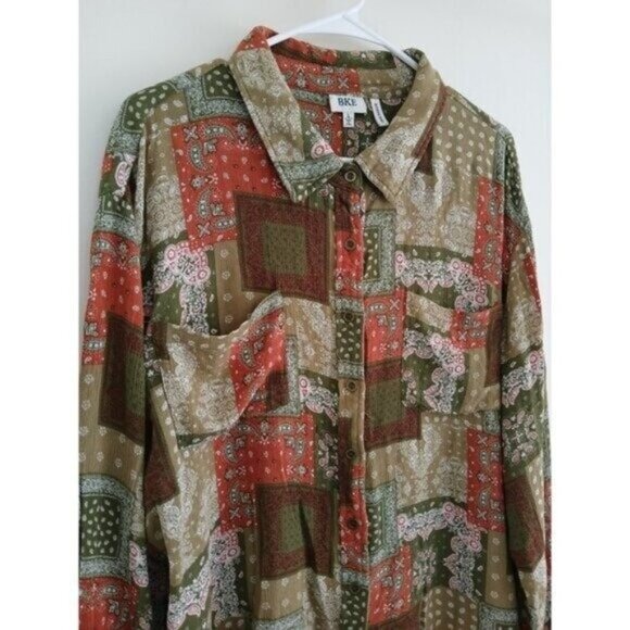 BKE Western Bandana Patchwork Shirt  Women's L Boho Button Up Long Sleeve Top - Picture 3 of 7